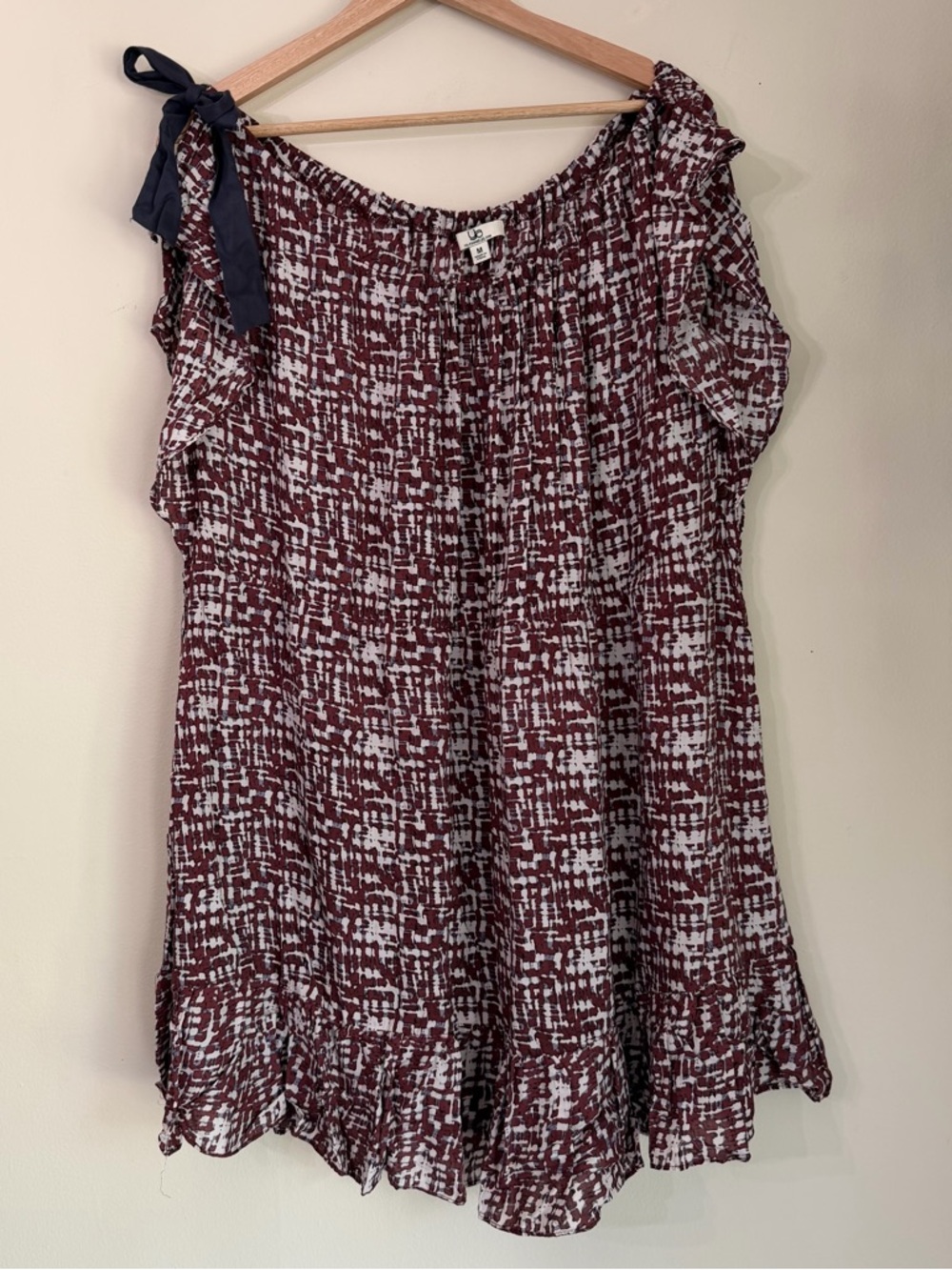 Ya Los Angeles Burgundy and White Off-Shoulder Tie-Shoulder Tunic Dress